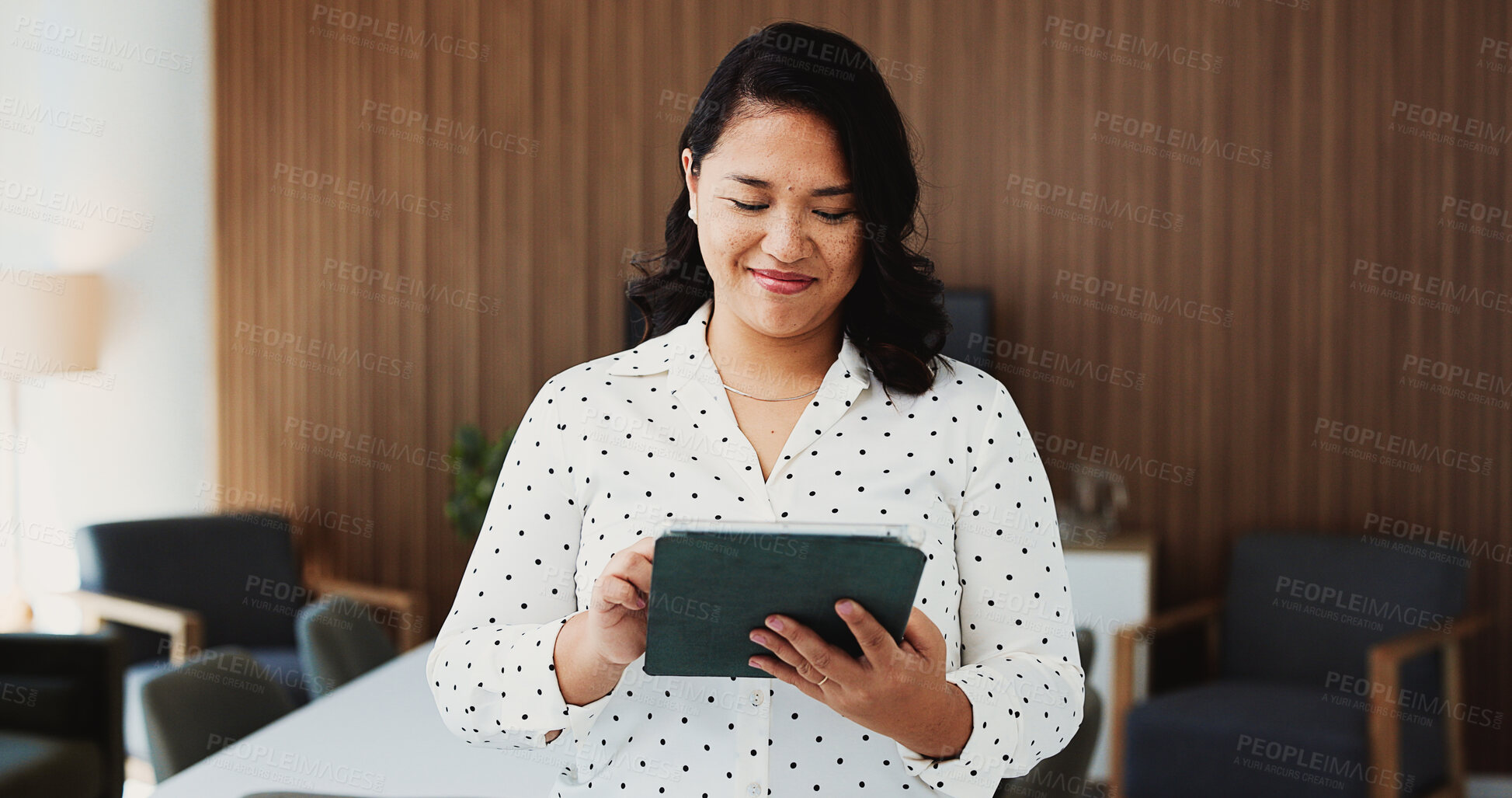 Buy stock photo Business, tablet and woman in workplace, broker and typing with website for trading portfolio. Happy person, investor and employee with tech, economy info and email for audit results, internet or app