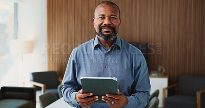 Buy stock photo Tablet, professional and portrait of black man in office with research for finance report with budget review. Tech, smile and mature African male financial manager with email for investment proposal.