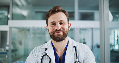 Buy stock photo Happy, man and portrait of doctor in hospital with confidence for healthcare career. Professional, medical service and male surgeon with pride for support or expert help in lobby at clinic in Germany
