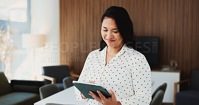 Buy stock photo Business, tablet and woman in office, financial advisor and typing with website for trading portfolio. Happy person, investor and employee in workplace, tech and email for audit results or investment