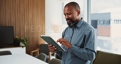 Buy stock photo Business, tablet and black man in office, broker and typing with website for trading portfolio. Mature person, investor or employee with tech, finance report or email for audit results or digital app