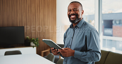 Buy stock photo Tablet, portrait and black man in office with confidence for finance report with budget review. Technology, happy and mature African financial manager with email for investment proposal in workplace.