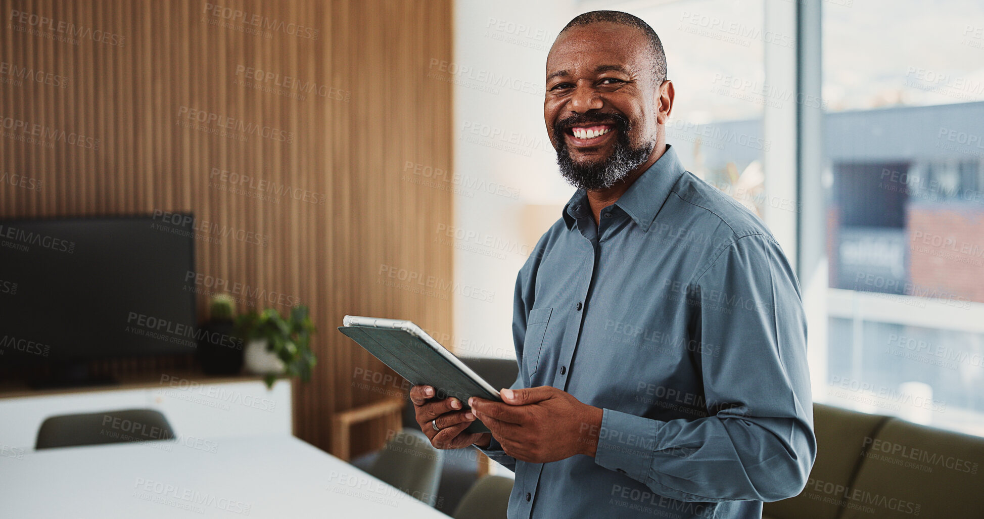 Buy stock photo Tablet, portrait and black man in office with confidence for finance report with budget review. Technology, happy and mature African financial manager with email for investment proposal in workplace.