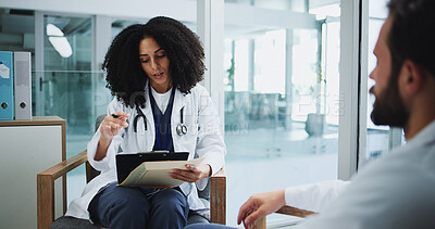 Buy stock photo Meeting, doctors or people in office with clipboard for medical discussion, patient results and review. Healthcare team, talk or collaboration in clinic with checklist, insurance or diagnosis report.