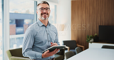 Buy stock photo Tablet, happy and portrait of businessman in office with research for finance report with budget review. Technology, contact and mature financial manager with email for investment proposal in London.