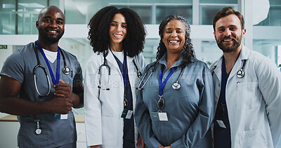 Buy stock photo Portrait, doctor and happy people in hospital with pride for medical support, collaboration or help. Healthcare staff, smile and team in clinic with diversity for public service, mission or about us.