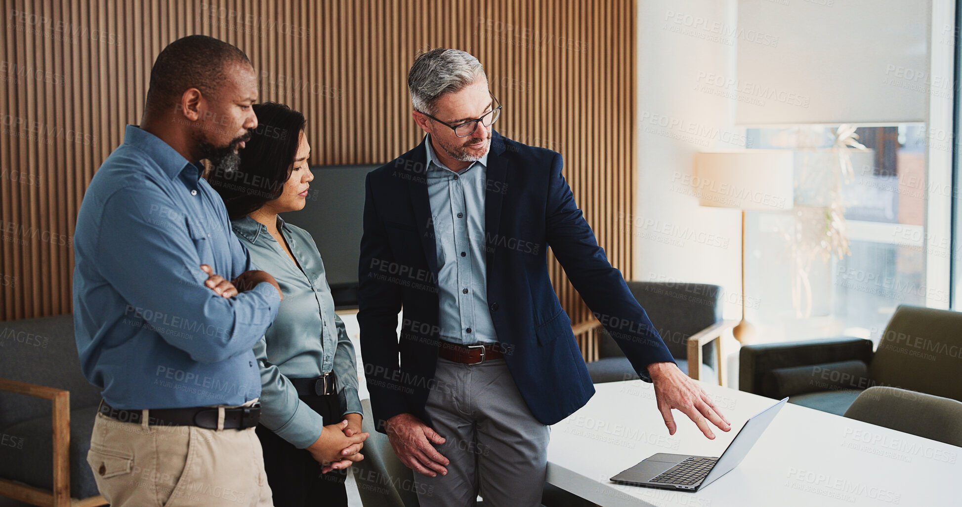 Buy stock photo Laptop, meeting and business people in office with review, advice or feedback on legal project. Collaboration, tech and team of attorneys with planning, discussion and together for law case research