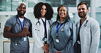 Portrait, doctor and happy people in clinic with pride for medical support, collaboration or help. Healthcare staff, smile and team in hospital with diversity for public service, mission or about us.