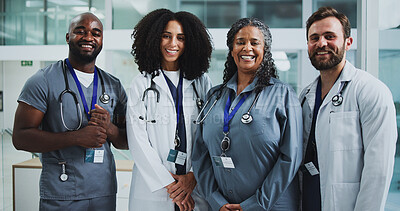 Buy stock photo Portrait, doctor and happy people in clinic with pride for medical support, collaboration or help. Healthcare staff, smile and team in hospital with diversity for public service, mission or about us.