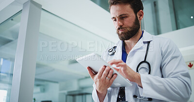 Buy stock photo Tablet, man and doctor in hospital with research for medical service or surgery schedule. Telehealth, tech and healthcare worker with patient information, contact or history in clinic from below.
