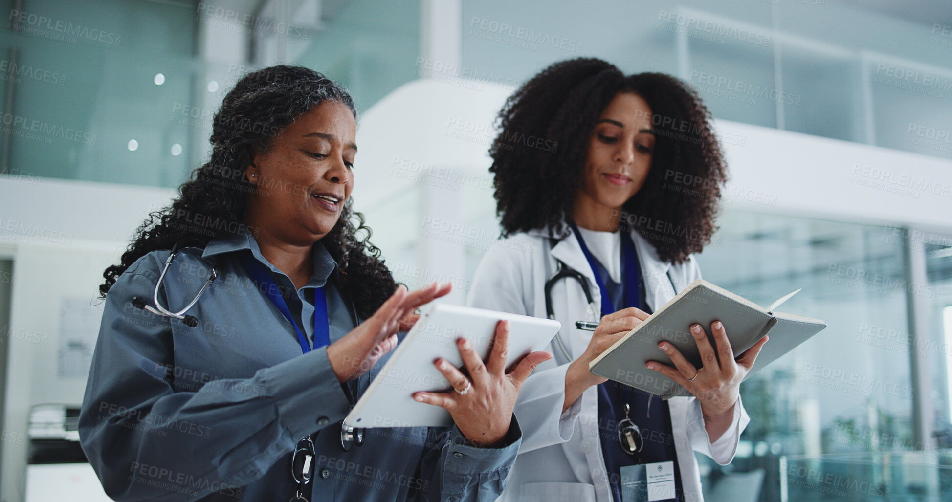Buy stock photo Tablet, notebook and doctors in hospital with discussion for medical service or surgery schedule. People, digital technology and team of healthcare employees with patient information in clinic.