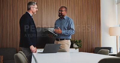 Buy stock photo Tech, tablet and legal team in office with feedback, advice or review on business trial. Collaboration, laptop and mature people with attorney meeting, discussion and together for law case research