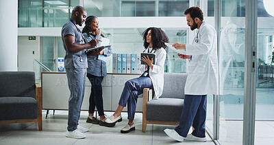 Buy stock photo Doctors, think or people with notes in clinic, medical case review or consulting for treatment advice. Healthcare, teamwork or group with patient history info for diagnosis referral, tablet or ideas