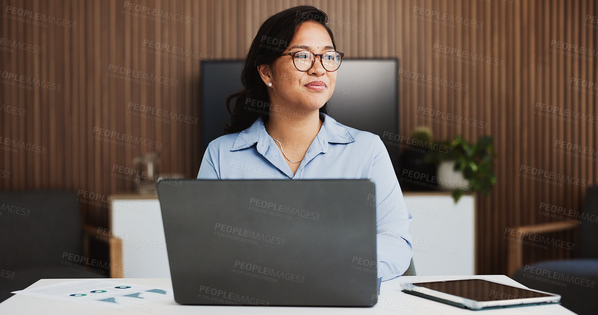 Buy stock photo Asian woman, accountant and thinking with laptop for finance, analysis or analytics in office. Female person, accounting or analyst with computer for financial planning, expenses or business revenue