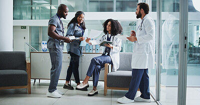 Buy stock photo Doctors, reading or people with paper in hospital office, medical case review or consulting for treatment. Healthcare, teamwork or physician with patient results for diagnosis advice, help or tablet