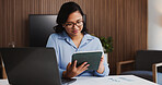 Business, tablet and woman in office, typing and economy analysis with trading portfolio. Happy person, investor and broker with tech, internet or email for audit results, website info or digital app