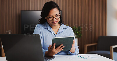 Buy stock photo Business, tablet and woman in office, typing and economy analysis with trading portfolio. Happy person, investor and broker with tech, internet or email for audit results, website info or digital app