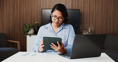Buy stock photo Business, woman and reading with tablet in office for data analysis, finance report and evaluation. Person, tech and document with company performance, financial statistics and comparison of revenue