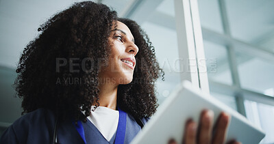 Buy stock photo Tablet, woman and doctor in hospital with research for medical service or surgery schedule. Telehealth, tech and female healthcare worker with patient information or history in clinic from below.