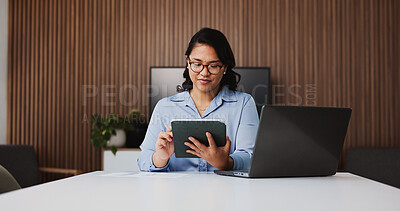Buy stock photo Business, tablet or woman in office, online reading or typing with website info for investment. Person, investor or employee in workplace, tech or email for audit results, app or finance report