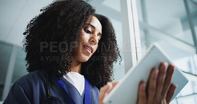 Buy stock photo African woman, doctor and tablet in hospital for research, medical report and test results. Below, female person and digital with healthcare information, treatment planning and schedule for surgery