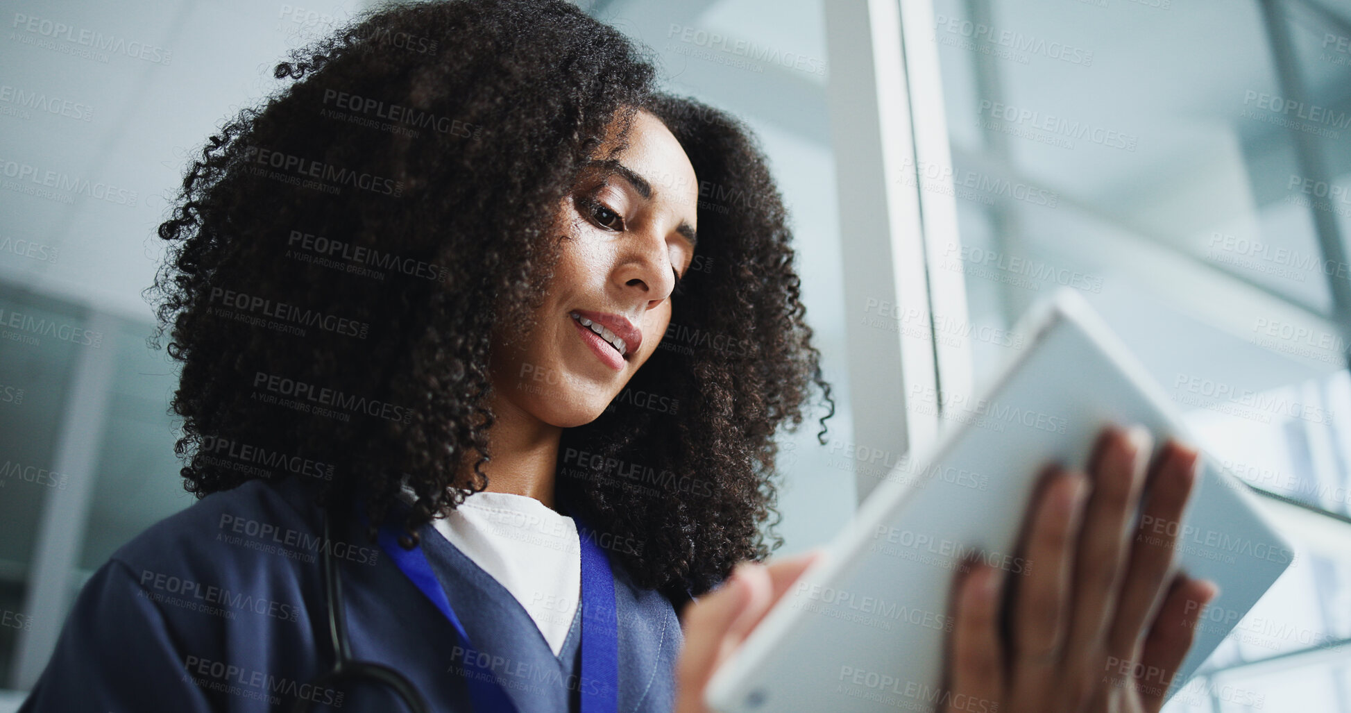 Buy stock photo African woman, doctor and tablet in hospital for research, medical report and test results. Below, female person and digital with healthcare information, treatment planning and schedule for surgery