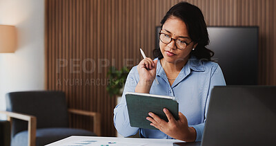Buy stock photo Financial advisor, thinking and woman in office, tablet and decision with checklist for trading portfolio. Person, investor and employee with tech, solution and email for audit results, app or choice