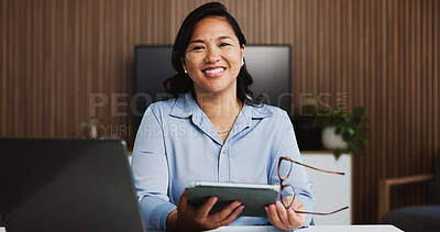 Buy stock photo Portrait, woman and happy with tablet, office and attorney with research on web for case or justice. Legal, lawyer and Asian person with tech for evidence, confident and smile for trial in Thailand