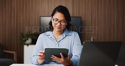 Buy stock photo Business, tablet and woman with online reading, app and investment with website info. Person, investor and employee in office, technology and email for audit results, digital news and finance report