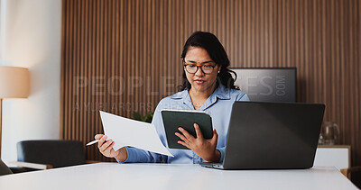 Buy stock photo Asian woman, accountant or tablet with documents for finance report, expenses or audit in office. Female person, accounting or analyst with laptop or paperwork for financial plan, budget or revenue