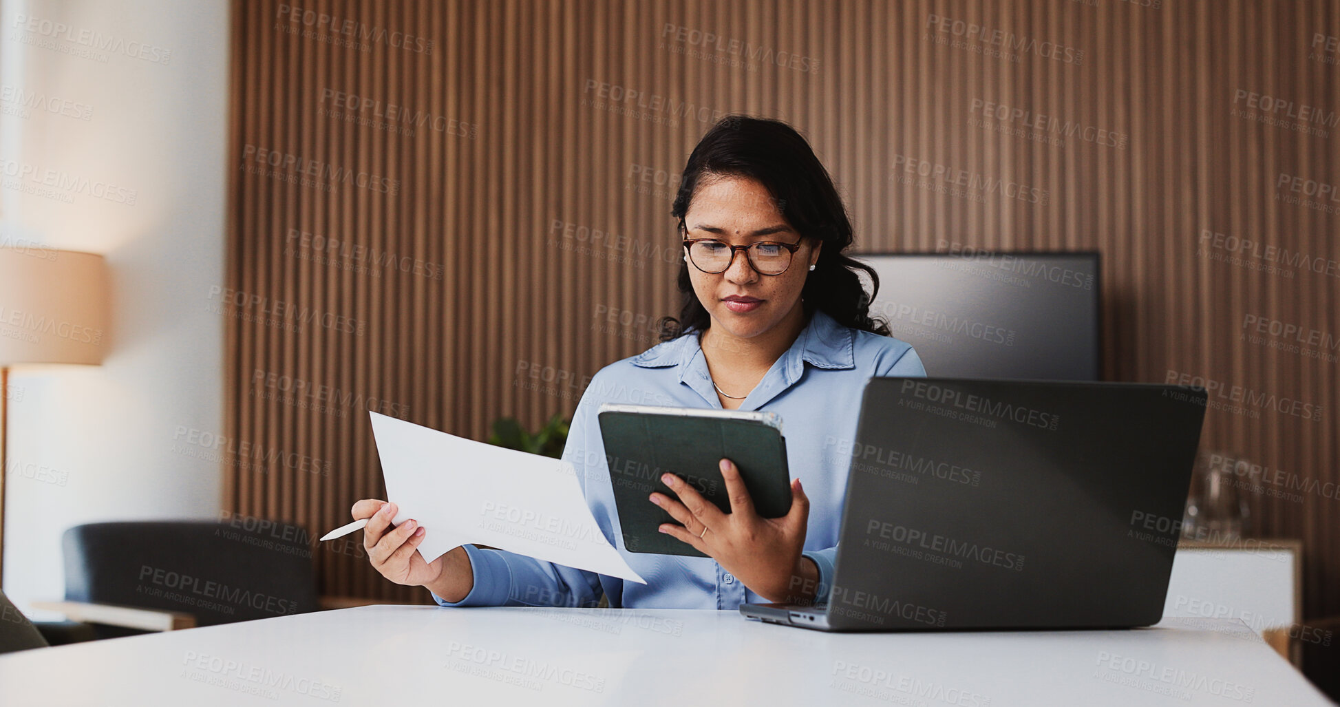 Buy stock photo Asian woman, accountant or tablet with documents for finance report, expenses or audit in office. Female person, accounting or analyst with laptop or paperwork for financial plan, budget or revenue
