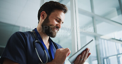 Buy stock photo Smile, man and nurse with tablet in hospital for research, medical report and telehealth. Male person, reading and digital with healthcare information, treatment planning and happy for surgery agenda