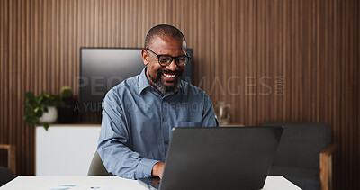 Buy stock photo Laptop, lawyer and happy black man in office for research, proposal and success for case study. Professional, law firm and mature person on computer for information, legal review and winning trial