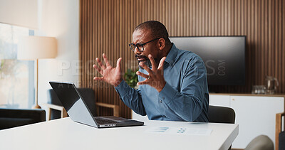 Buy stock photo Angry, black man and accountant with laptop for project deadline or bad investment in office. Frustrated, male person or analyst with computer or paperwork for financial crisis, debt or bankruptcy