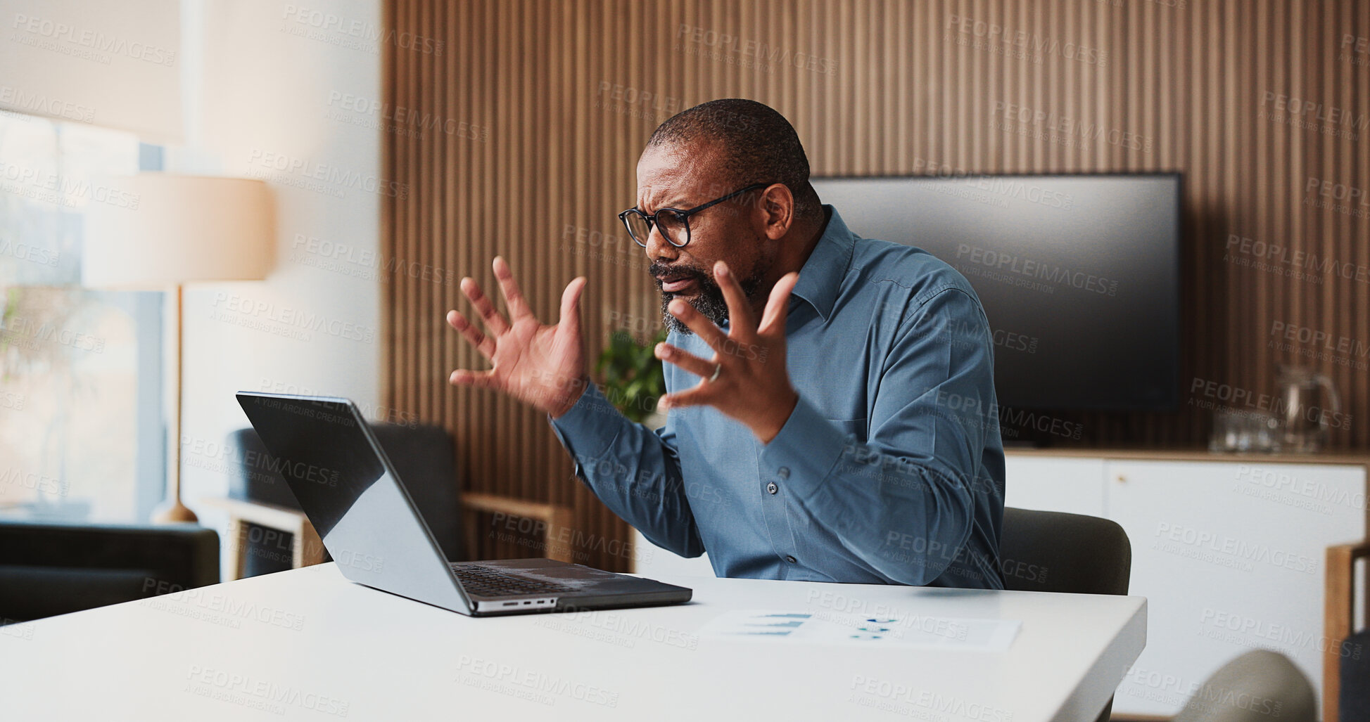 Buy stock photo Angry, black man and accountant with laptop for project deadline or bad investment in office. Frustrated, male person or analyst with computer or paperwork for financial crisis, debt or bankruptcy