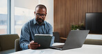 Black man, accountant or tablet with laptop for finance report, expenses or audit in office. Male person, accounting or analyst with computer or documents for financial planning, budget or revenue