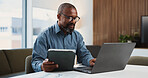 Businessman, accountant or tablet with laptop for finance report, expenses or audit in office. Black man, accounting or analyst with computer or documents for financial planning, budget or revenue