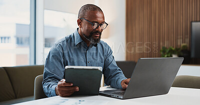 Buy stock photo Businessman, accountant or tablet with laptop for finance report, expenses or audit in office. Mature, black man or accounting with tech or documents for financial planning, budget or revenue