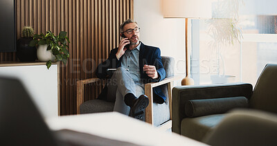 Buy stock photo Therapist, telehealth and man in office, phone call and communication with contact for mental health. Clinic, psychologist and mature person with mobile for discussion, consultation and appointment