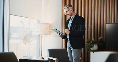 Buy stock photo Lawyer, man and tablet in office with feedback, review or website for business trial. Thinking, tech and mature person with attorney, schedule and legal reading for law case or litigation research