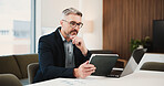 Tablet, planning and businessman in office with research for finance report with budget review. Digital technology, thinking and financial manager with email for investment proposal in workplace.