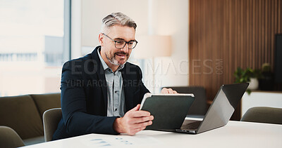 Buy stock photo Lawyer, man and tablet in office with planning, review or website for business trail. Reading, tech and mature person with schedule, legal feedback and attorney for law case or litigation research