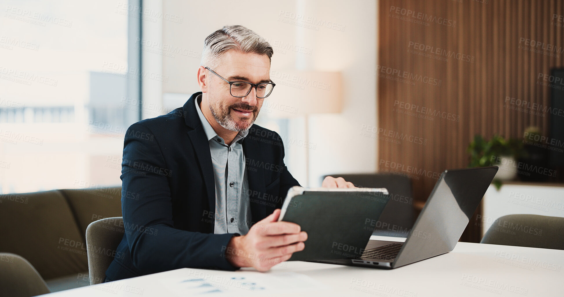 Buy stock photo Lawyer, man and tablet in office with planning, review or website for business trail. Reading, tech and mature person with schedule, legal feedback and attorney for law case or litigation research