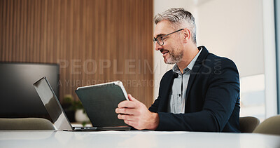 Buy stock photo Lawyer, man and tablet in office with review, planning or website for legal strategy. Reading, tech and mature person with schedule, business feedback and attorney for law case or litigation research