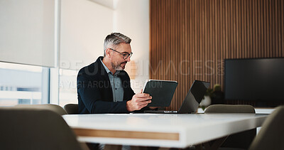 Buy stock photo Business, man and reading with tech in office for research, financial report and budget comparison. Mature person, tablet and laptop for accounting, finance results and information for investment