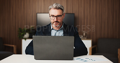 Buy stock photo Mature man, laptop and documents with typing at office for review, proposal or portfolio at investment company. Person, broker and admin with glasses, charts and insight at asset management agency