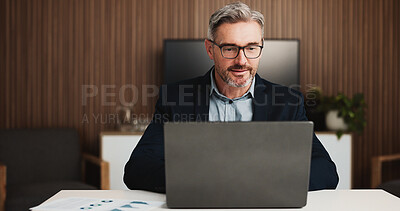 Buy stock photo Online, research and man with laptop, office and financial analyst with glasses for risk assessment. Digital, budget review and mature person with tech for wealth management, graphs and paperwork