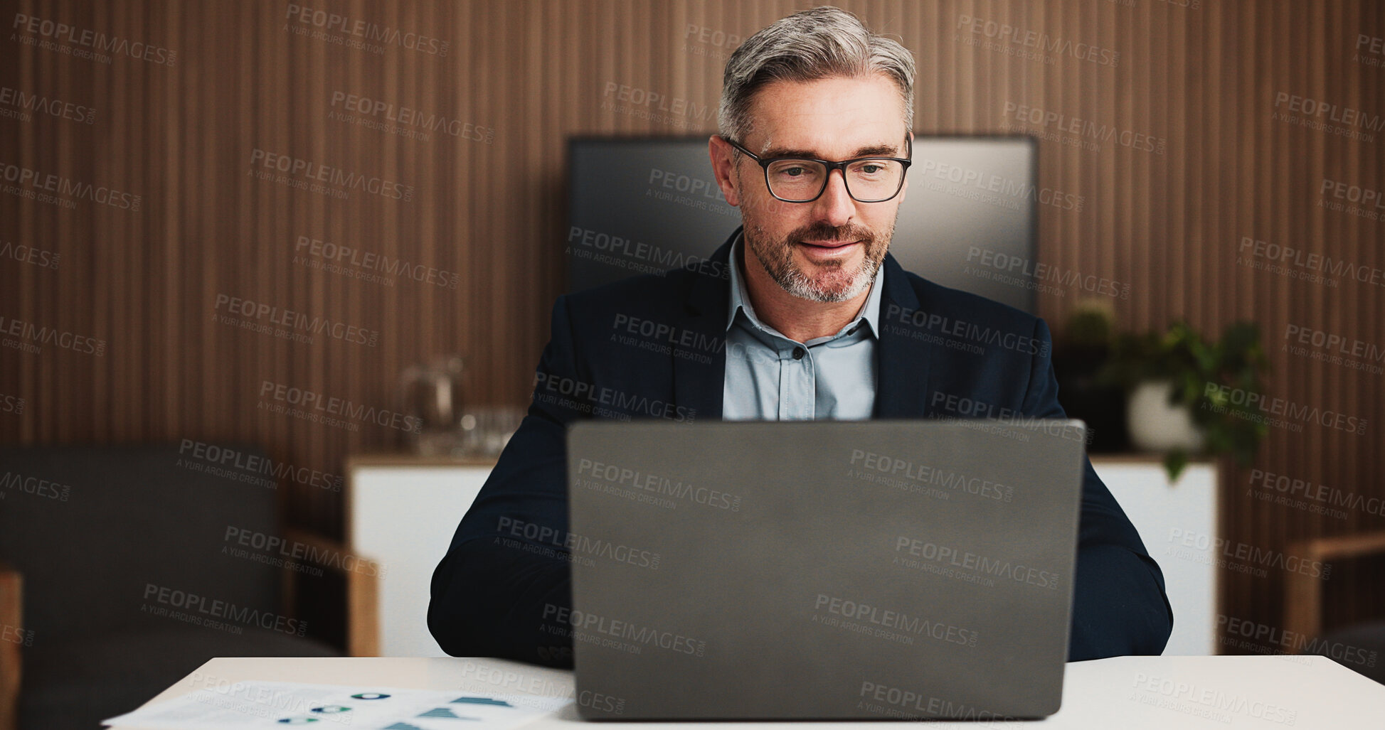 Buy stock photo Online, research and man with laptop, office and financial analyst with glasses for risk assessment. Digital, budget review and mature person with tech for wealth management, graphs and paperwork