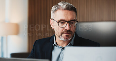 Buy stock photo Mature, businessman and accountant with documents for finance report or expenses in office. Man, accounting or analyst with paperwork for financial tax compliance or revenue service in workplace
