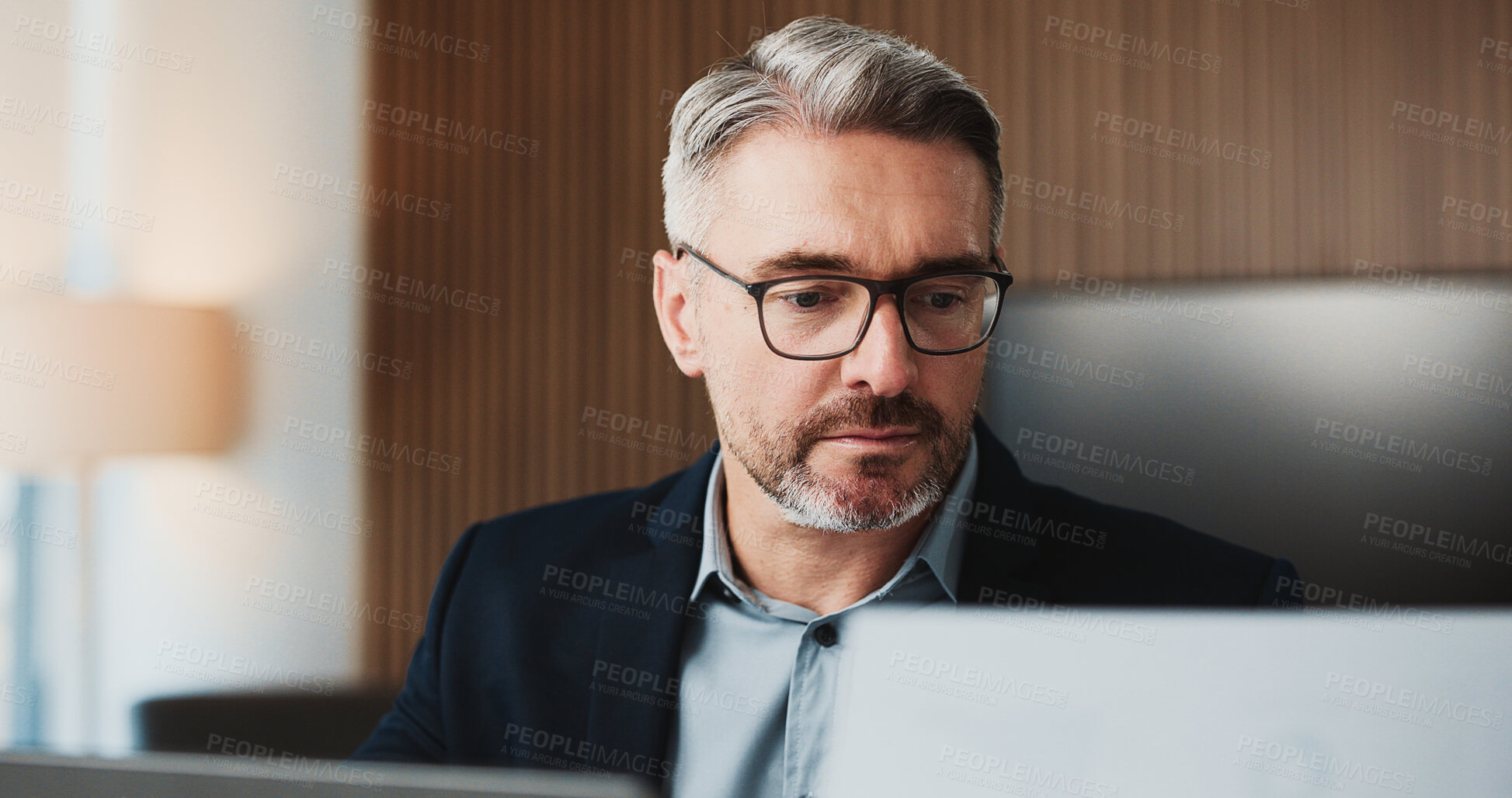 Buy stock photo Mature, businessman and accountant with documents for finance report or expenses in office. Man, accounting or analyst with paperwork for financial tax compliance or revenue service in workplace